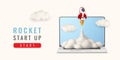Cute cartoon start up banner with laptop, rocket and clouds. Vector illustration