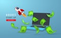 Cute cartoon start up banner with laptop, rocket and money. Vector illustration