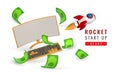 Cute cartoon start up banner with monitor, keyboard, rocket and green dollars. Vector illustration