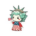 Cute cartoon statue of liberty with american flag. Vector.