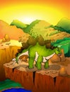 Cute cartoon stegosaur with landscape background. Royalty Free Stock Photo