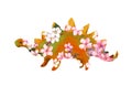 Cute cartoon stegosaurus dinosaur in cherry blossom. Character dino in beautiful pink flowers. Watercolor