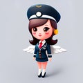 Cute cartoon stewardess in uniform with angel wings. Vector illustration.