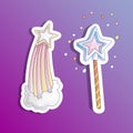 Cute cartoon sticker magic wand and launching star, falling star, cartoon girl fashion illustration. Cute vector