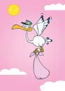 Cute Cartoon Stork Delivery A Baby Girl In The Sky