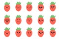 Cute cartoon strawberry with different emotions. Cartoon fruit character set. Funny emoticon in flat style. Food emoji