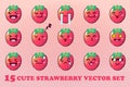 Cute Cartoon Strawberry with Kawaii Faces and Chibi Style Emoticon Vector Set Royalty Free Stock Photo