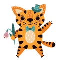 Cute cartoon striped tiger. The animal smiles and waves. Smart predator in top hat and bow tie. The cat gives flowers. Vector Royalty Free Stock Photo