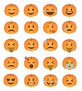 Cute cartoon style carved Halloween pumpkin faces with different expression emoticon icon vector set