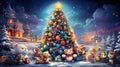 Cute cartoon style: Christmas tree with multi-colored toys of extraordinary beauty, fairy-tale animals, Bunny and hedgehog bears