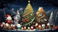 Cute cartoon style: Christmas tree with multi-colored toys of extraordinary beauty, fairy-tale animals, Bunny and hedgehog bears