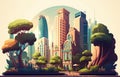 Cute cartoon style city illustration made with AI generative. Modern future futuristic city