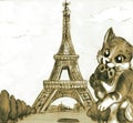 Cute sepia illustration, cat playing in front of the Eiffel Tower in Paris