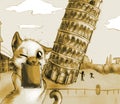 Cute sepia illustration, cat playing in front of the leaning tower of Pisa