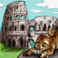 Cute illustration, cat playing in front of a cathedral