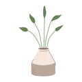 Cute cartoon style modern flowerpot. Green leaves in a ceramic vase.