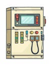 A cute cartoon Style ofA closeup of a PLC Programmable Logic Controller in a factory