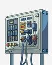 A cute cartoon Style ofA closeup of a PLC Programmable Logic Controller in a factory