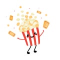 Cute cartoon style popcorn bucket character smiling, having fun, throwing up cinema tickets and confetti in the air Royalty Free Stock Photo