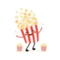Cute cartoon style popcorn bucket character smiling, having fun, throwing up popcorn flakes in the air Royalty Free Stock Photo