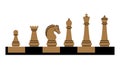 A cute cartoon style set of chess figures on wooden board. Pawn, rook, bishop, knight, queen, king, horse icons. Royalty Free Stock Photo