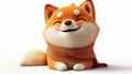 A cute, cartoon-style Shiba Inu dog with a big smile and a warm scarf