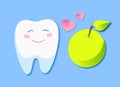 Cute cartoon style. Tooth loves apple. Healthy habit. Smiling cartoon character. Infographics for kids.