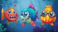 A cute cartoon style underwater game interface with a fish slot icon. A progress bar asset with a clown, angler and Royalty Free Stock Photo