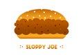 Cute cartoon style vector sloppy joe sandwich, burger with minced meat