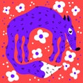 Cute cartoon-styled hand drawed fox surrounded with flowers. Vector animal image Royalty Free Stock Photo