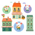 Cute cartoon stylised mice and buildings in old city. Isolated Characters and houses on white background for design