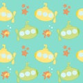 Cute cartoon submarines under the sea seamless pattern background illustration