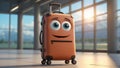 Cute cartoon suitcase with eyes and smile at the airport