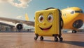 Cute cartoon suitcase eyes and smile at the airport design vacation