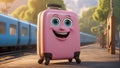 Cute cartoon suitcase eyes smile the platform happy