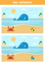 Cute cartoon summer seascape with whale, crab and toy ball