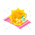 Cute Cartoon Sun Character Applying Cream for Tan. Kawaii Personage Take Sunbath on Summer Vacation