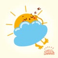 Cute cartoon sun character design sleeps under a cloud