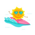 Cute Cartoon Sun Character Wearing Heart Sunglasses Riding Surf Board. Kawaii Personage Summer Summertime