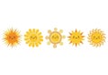 Cute cartoon sun characters with happy faces and different ray styles Royalty Free Stock Photo