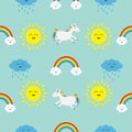 Cute cartoon sun, cloud with rain, rainbow, unicorn horse with eyes set. Baby Seamless Pattern Wrapping paper, textile template. B