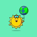 Cute cartoon sun floating with world balloon