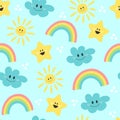 Cute cartoon sun, rainbow, cloud and star - seamless pattern background. Royalty Free Stock Photo