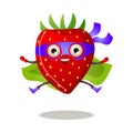 Funny superhero humanized strawberry in a purple mask and green cloak. Vector illustration isolated on white background