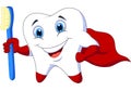 Cute cartoon superhero tooth with toothbrush