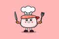 Cute cartoon Sushi shrimp chef hold knife and fork