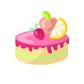 Cute cartoon sweet cake vector illustration. Colorful cake icon with cherry, lemon and apple on top and sprinkles. Cute Royalty Free Stock Photo