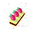 Cute cartoon sweet cake vector illustration. Colorful cake icon with strawberry on top and sprinkles. Cute cartoon round