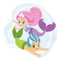 Cute cartoon swimming mermaids friends vector illustration Royalty Free Stock Photo
