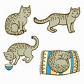Cute cartoon tabby cat in various situations, eating, sleeping and sitting.